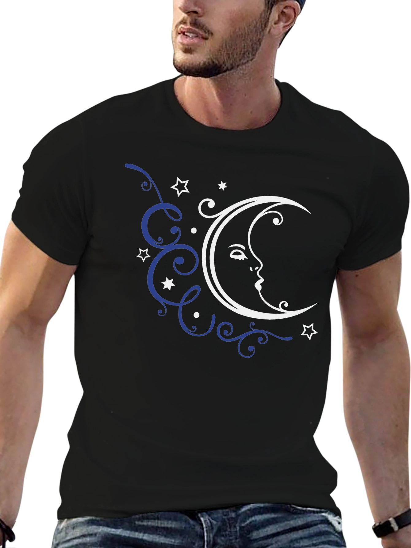 Celestial Moon Graphic Tee - Black Cotton T-Shirt