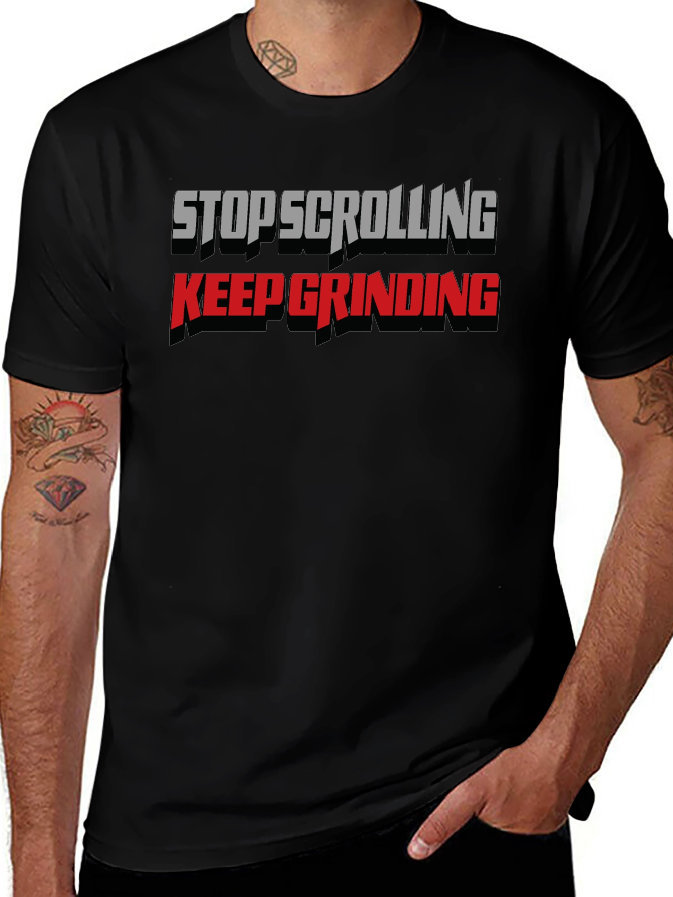 Stop Scrolling Keep Grinding Black Graphic Tee