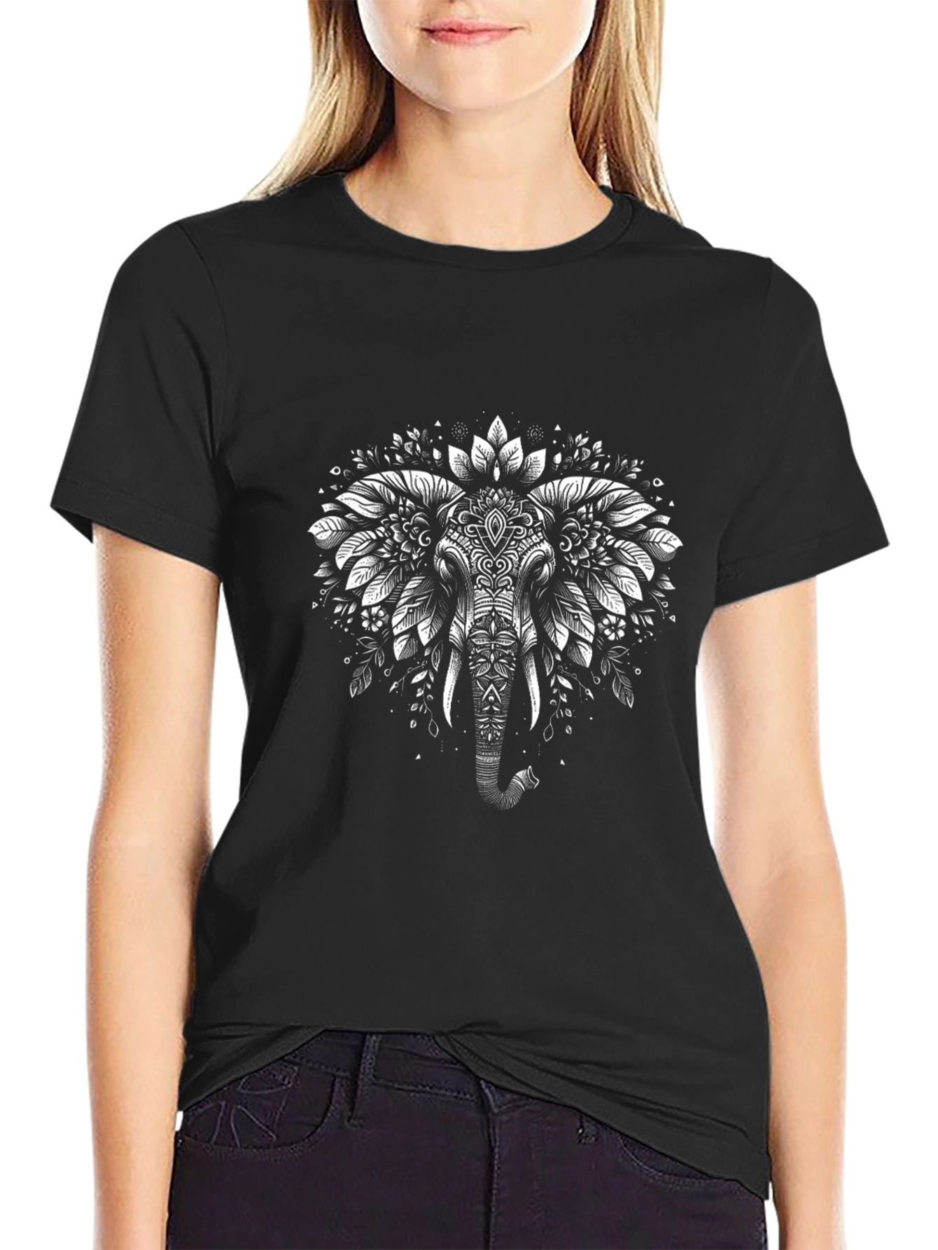 Elephant Mandala Graphic Tee - Black Cotton T-Shirt