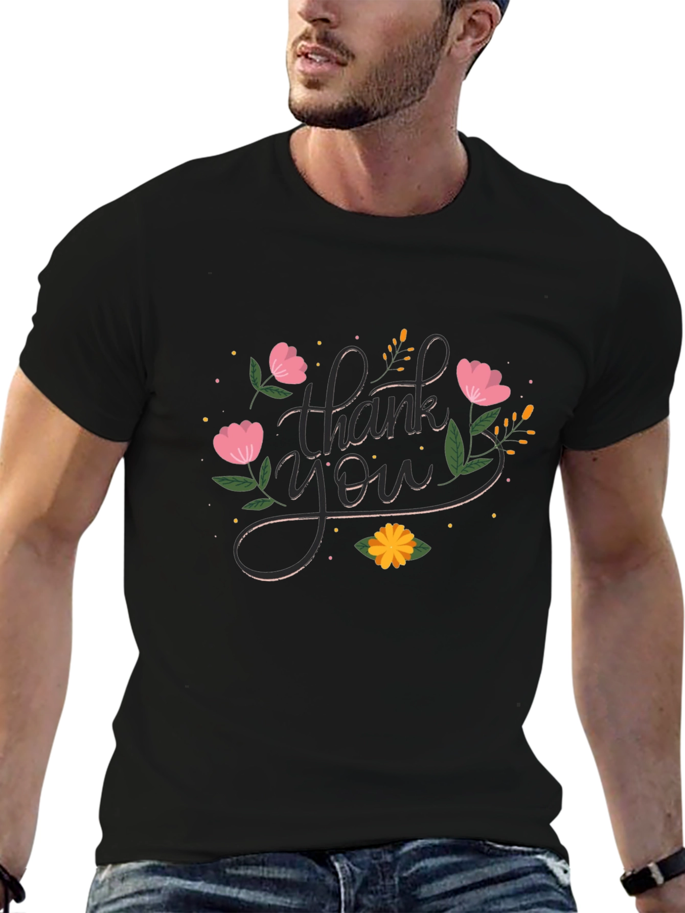 Floral Thank You Graphic Print Crew Neck T-Shirt