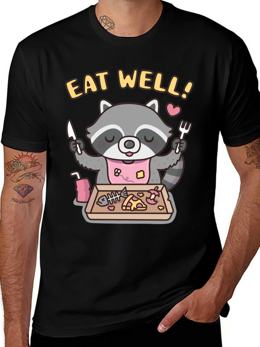 Eat Well Raccoon Graphic T-Shirt - Cute Cartoon Animal Tee