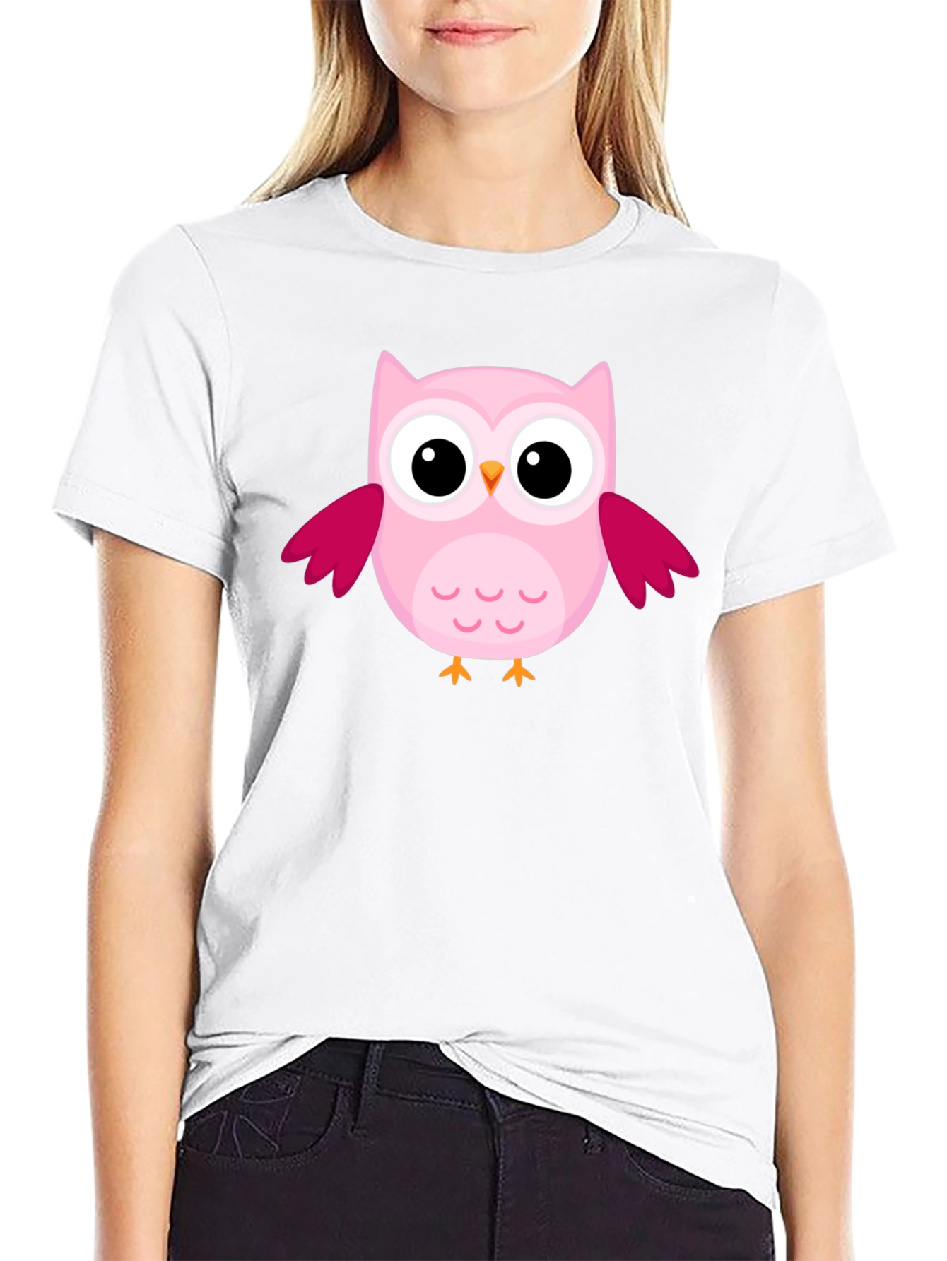 Cute Pink Owl Graphic Black T-Shirt