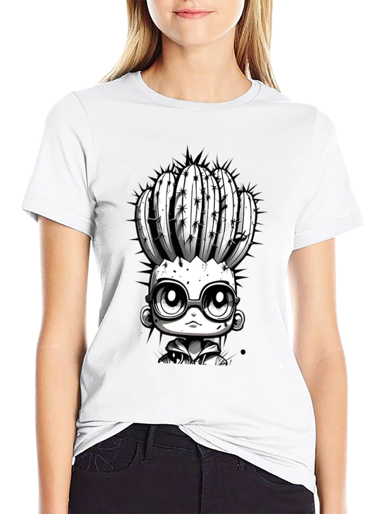 Cactus Head Character Graphic Tee - Cool Black T-Shirt