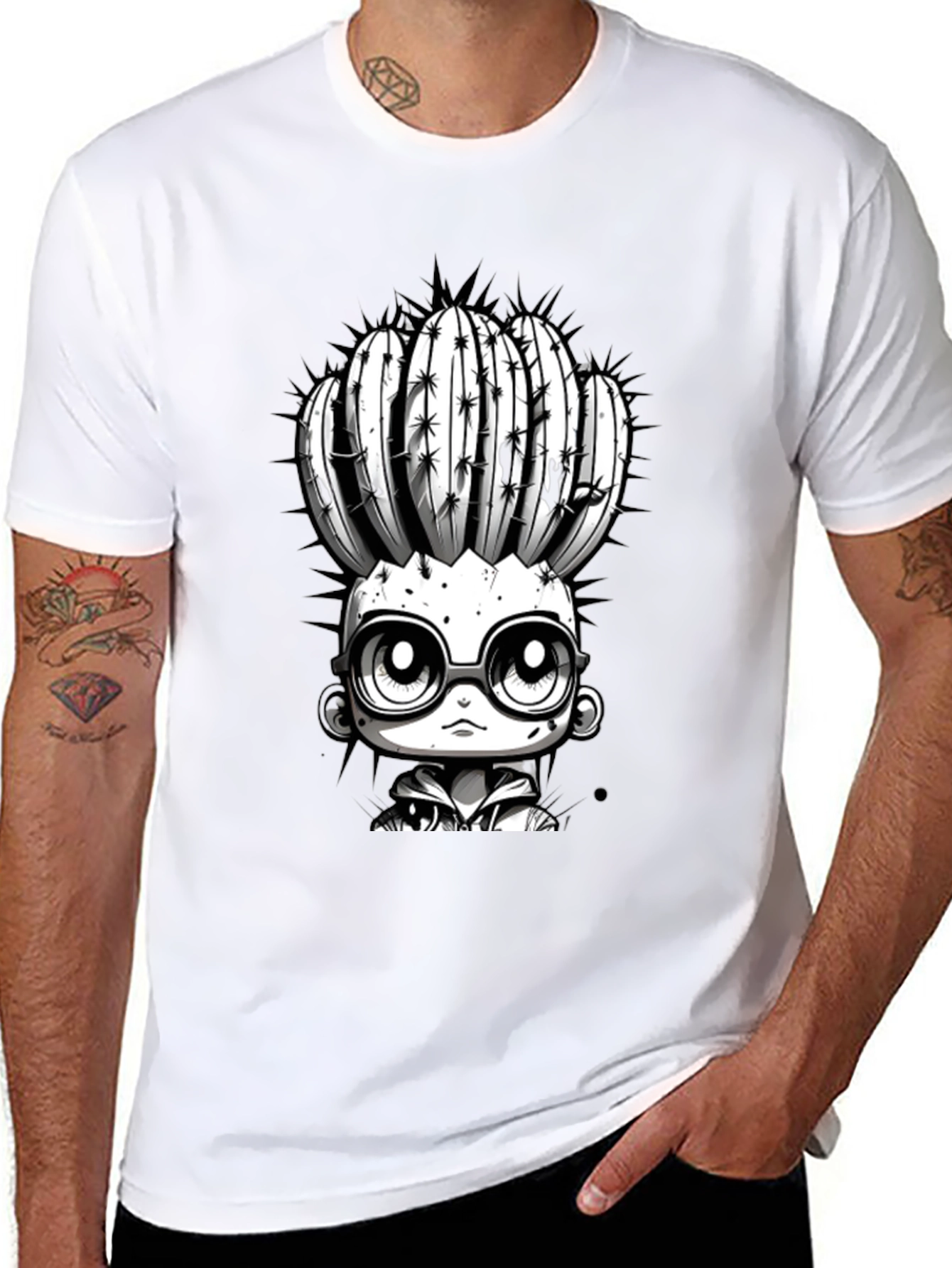 Cactus Head Character Graphic Tee - Cool Black T-Shirt