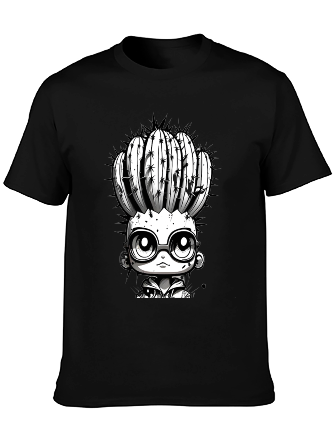 Cactus Head Character Graphic Tee - Cool Black T-Shirt