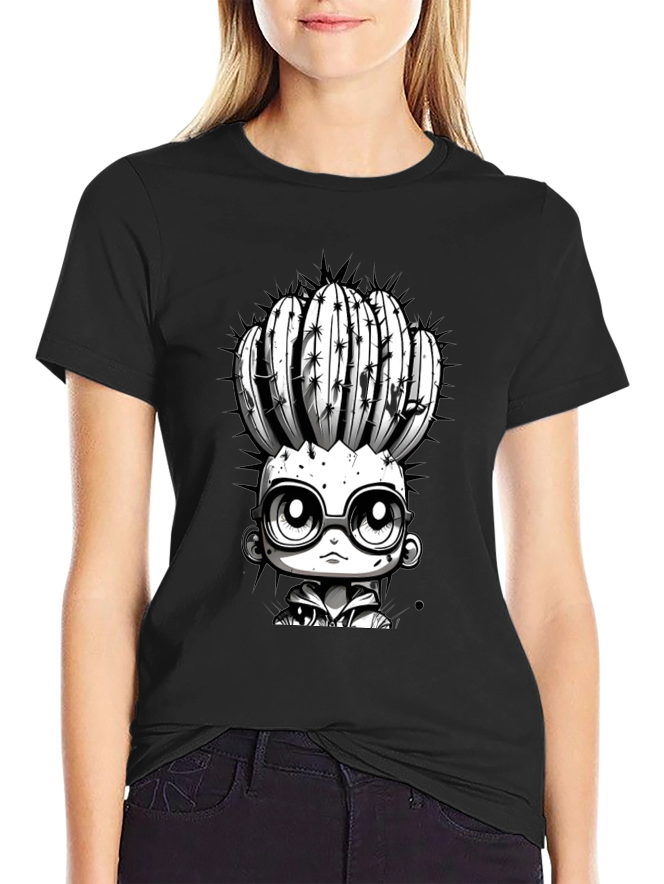 Cactus Head Character Graphic Tee - Cool Black T-Shirt
