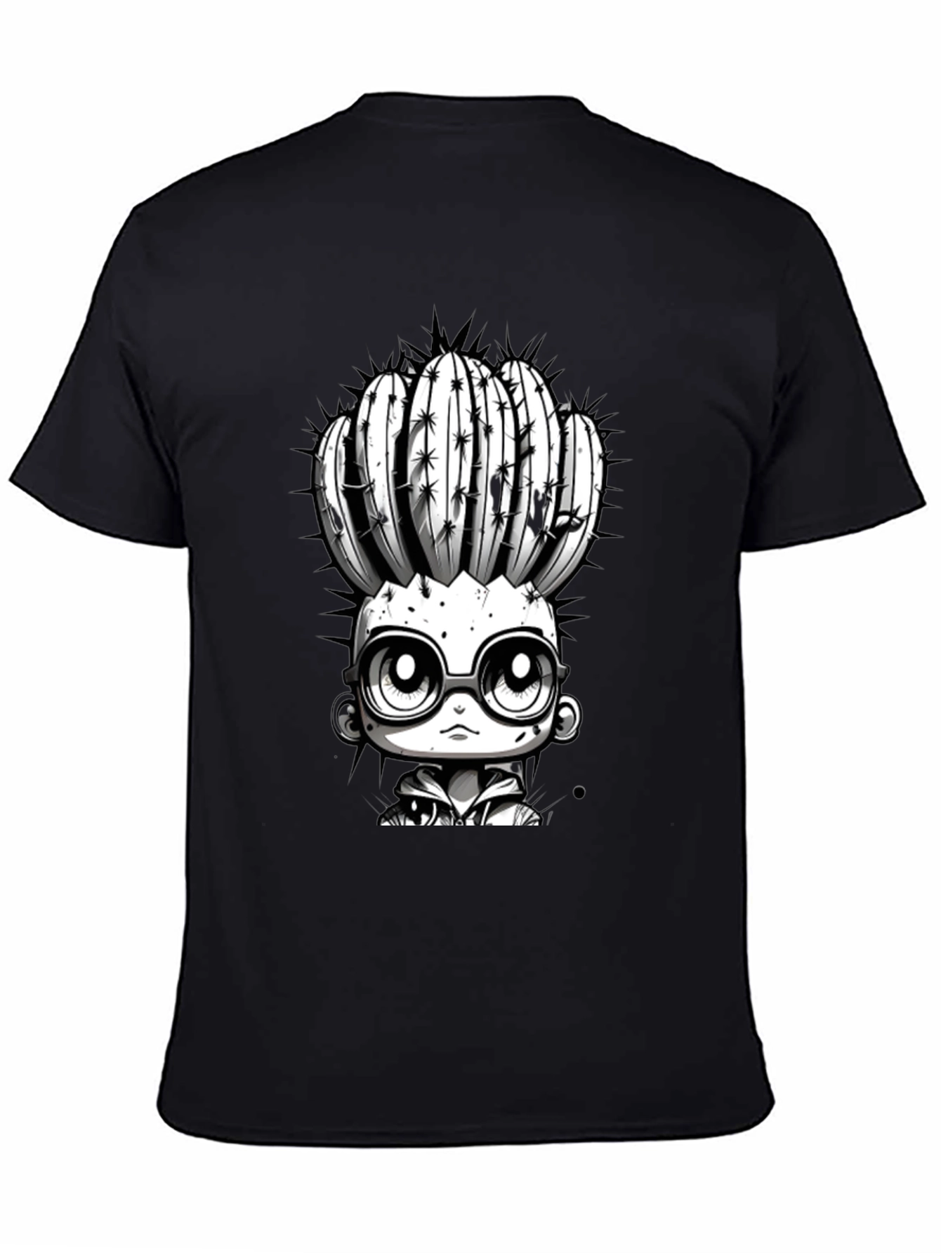 Cactus Head Character Graphic Tee - Cool Black T-Shirt