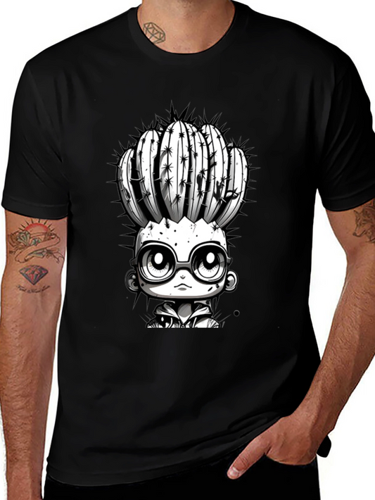 Cactus Head Character Graphic Tee - Cool Black T-Shirt