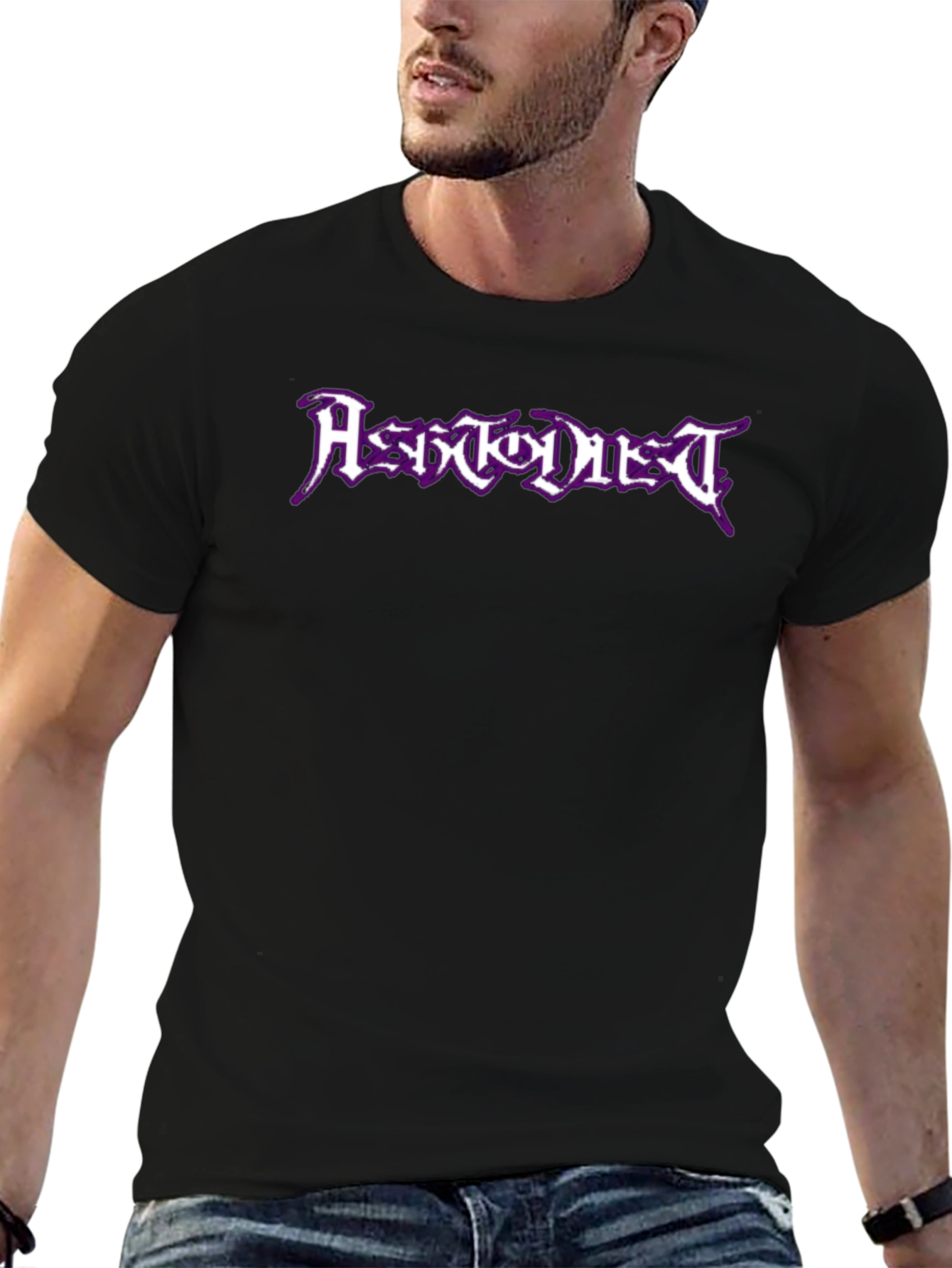 Black T-Shirt with Purple Metal Band Graphic