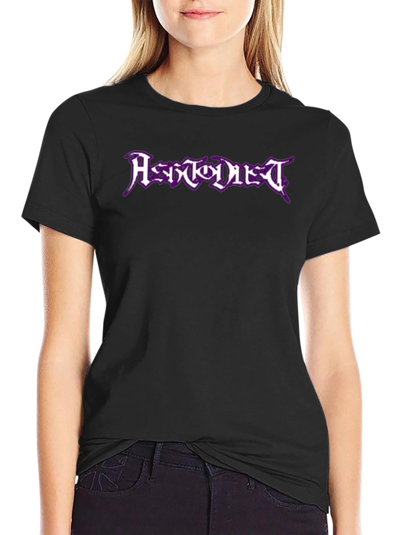 Black T-Shirt with Purple Metal Band Graphic