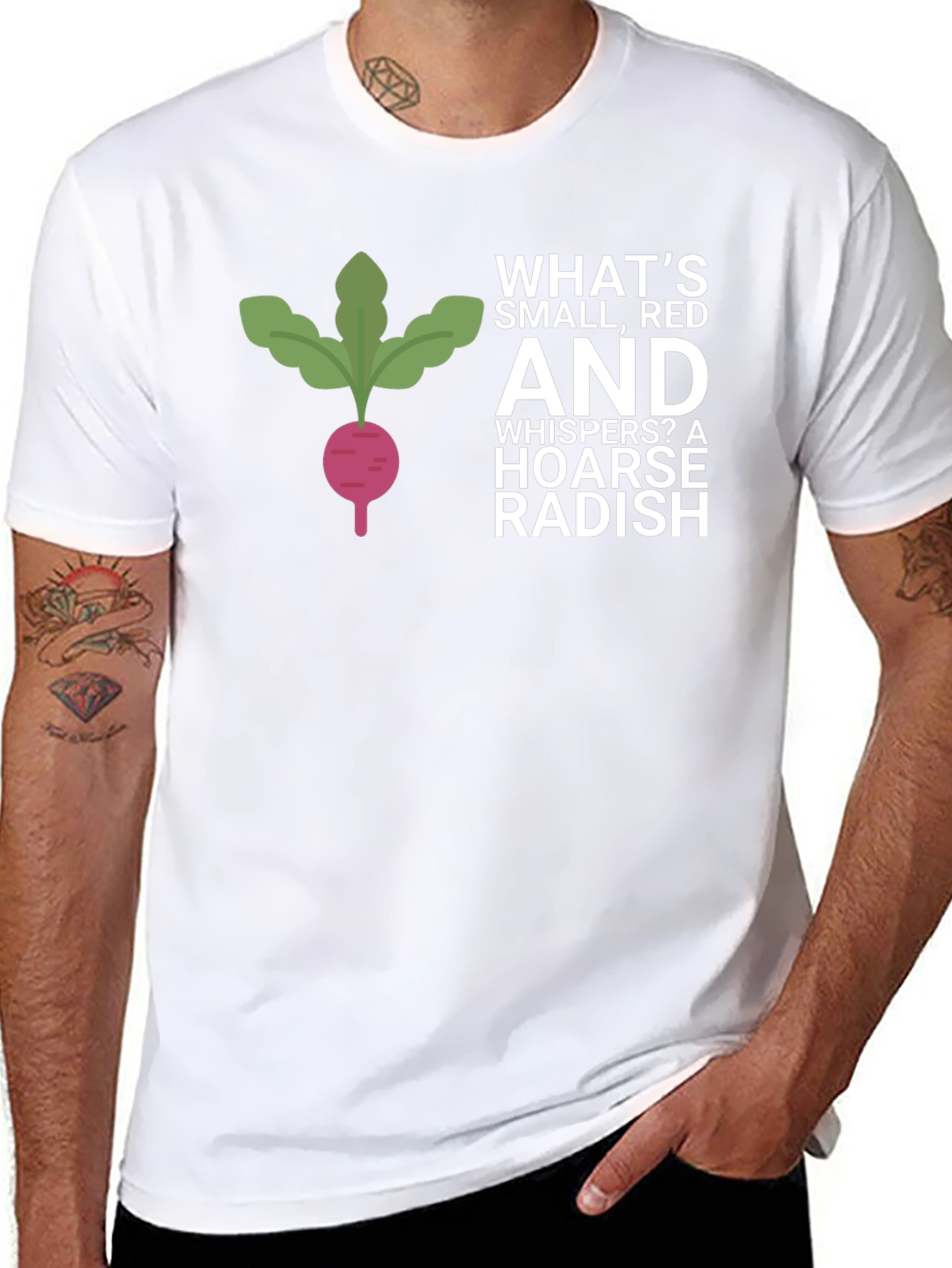 Funny Radish T-Shirt - Whats Small Red and Whispers?