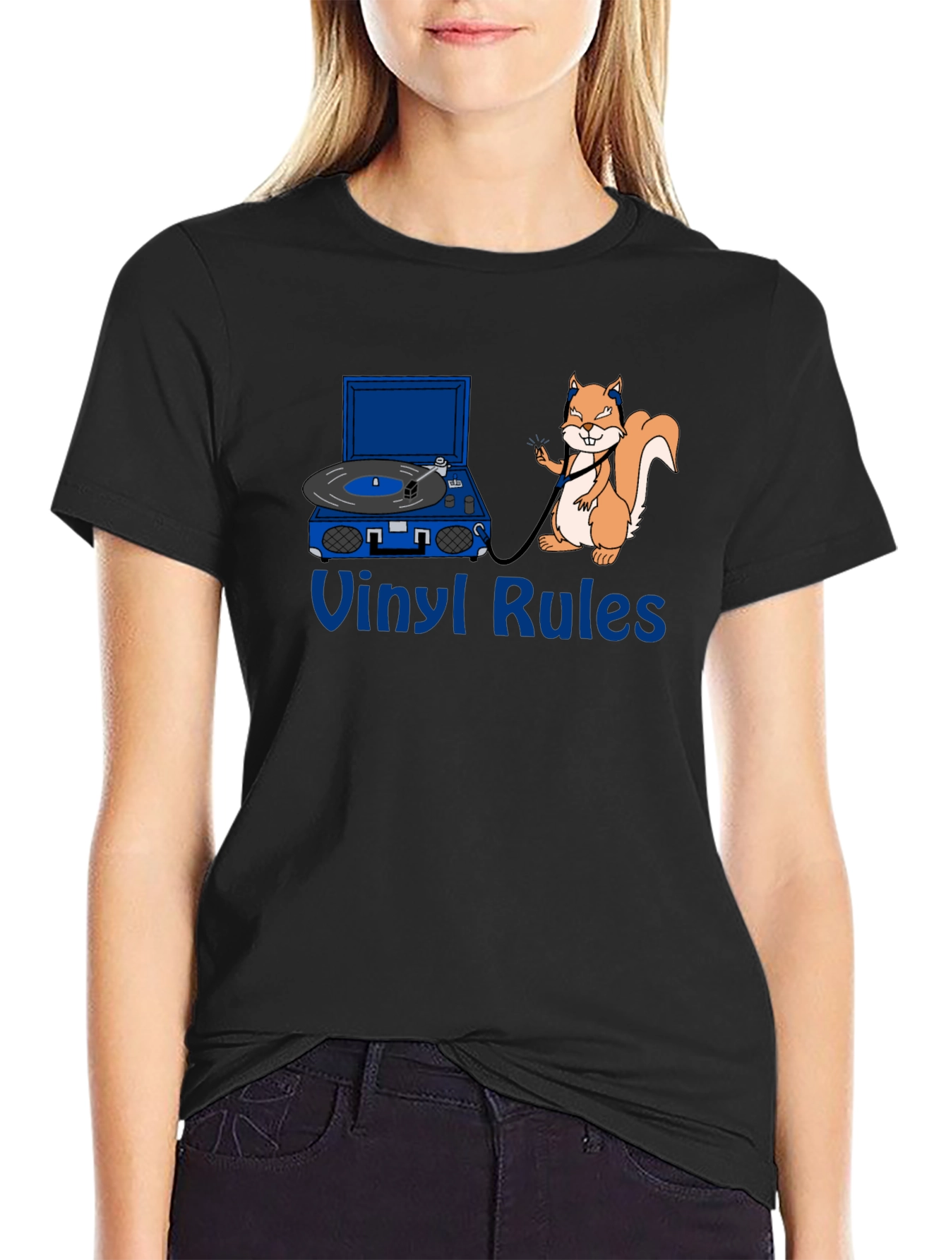 Vinyl Rules Funny Squirrel DJ Black T-Shirt