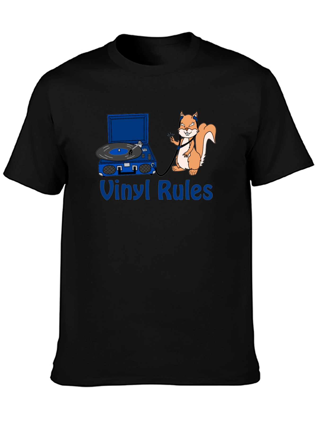 Vinyl Rules Funny Squirrel DJ Black T-Shirt