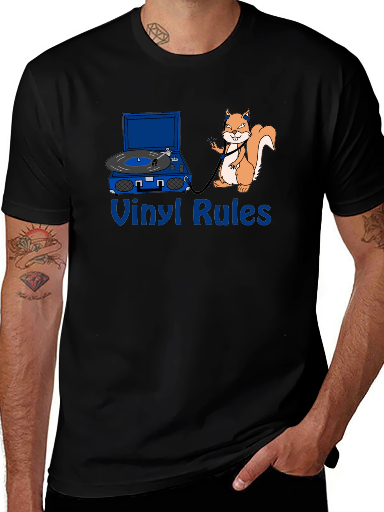 Vinyl Rules Funny Squirrel DJ Black T-Shirt