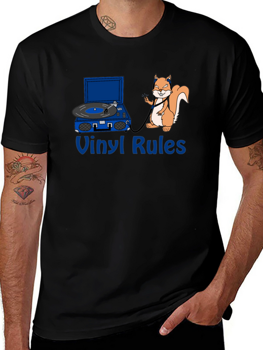 Vinyl Rules Funny Squirrel DJ Black T-Shirt