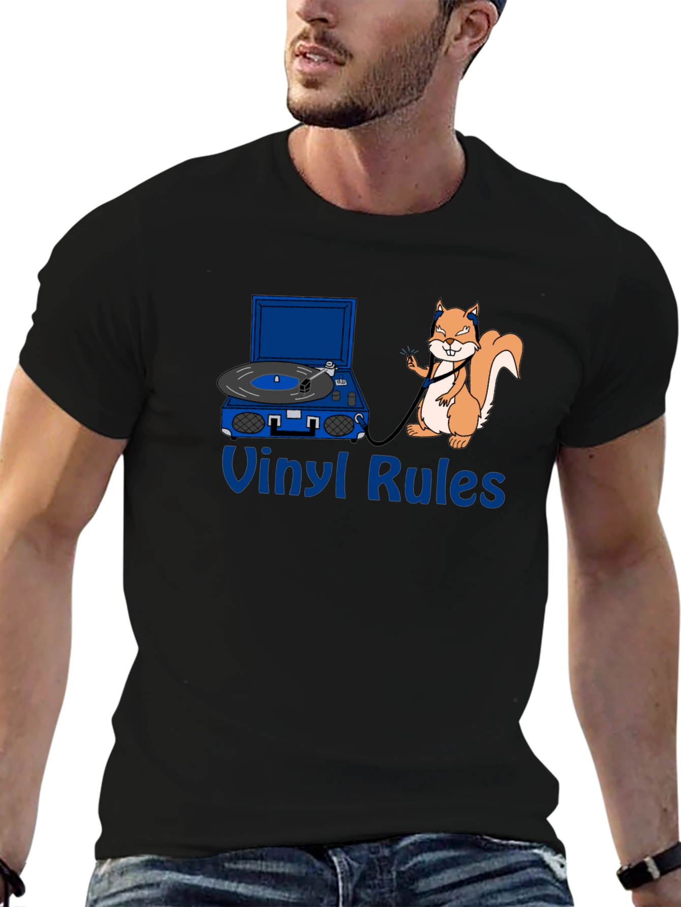 Vinyl Rules Funny Squirrel DJ Black T-Shirt