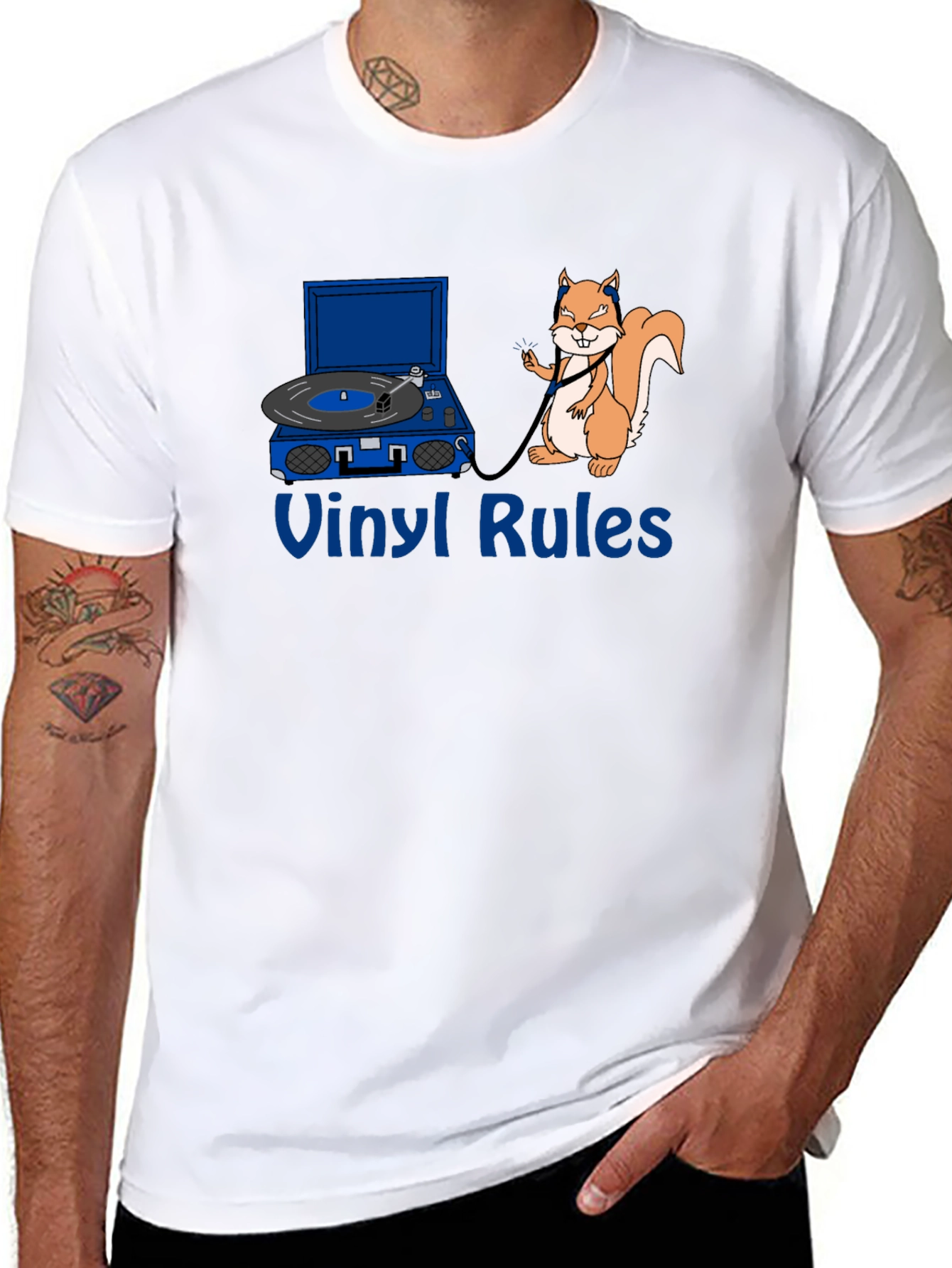 Vinyl Rules Funny Squirrel DJ Black T-Shirt