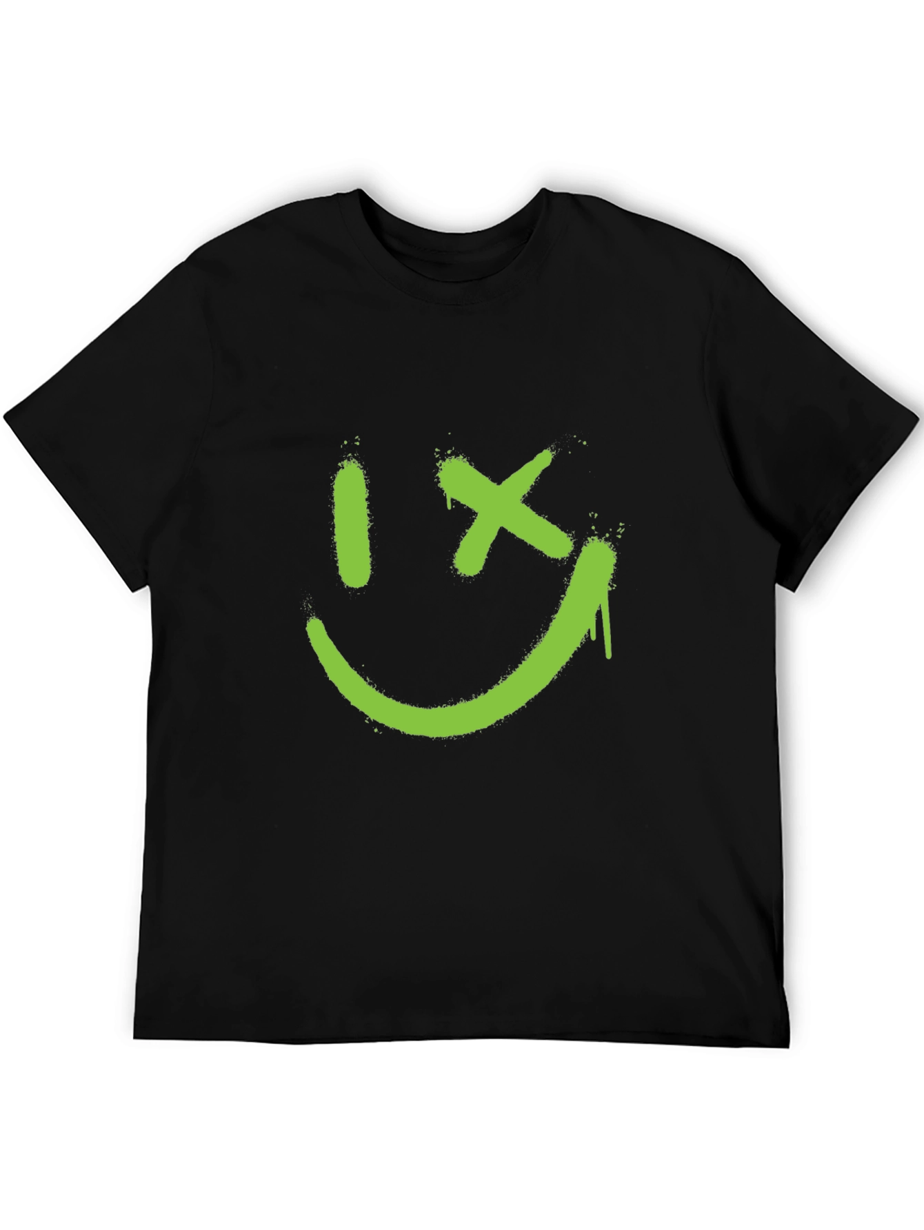 Mens Black T-Shirt with Green Graphic Smiley Face