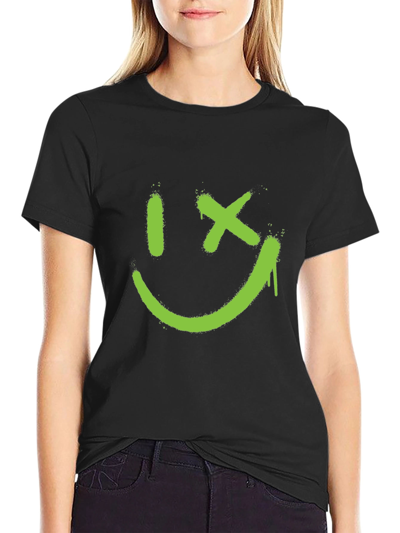 Mens Black T-Shirt with Green Graphic Smiley Face
