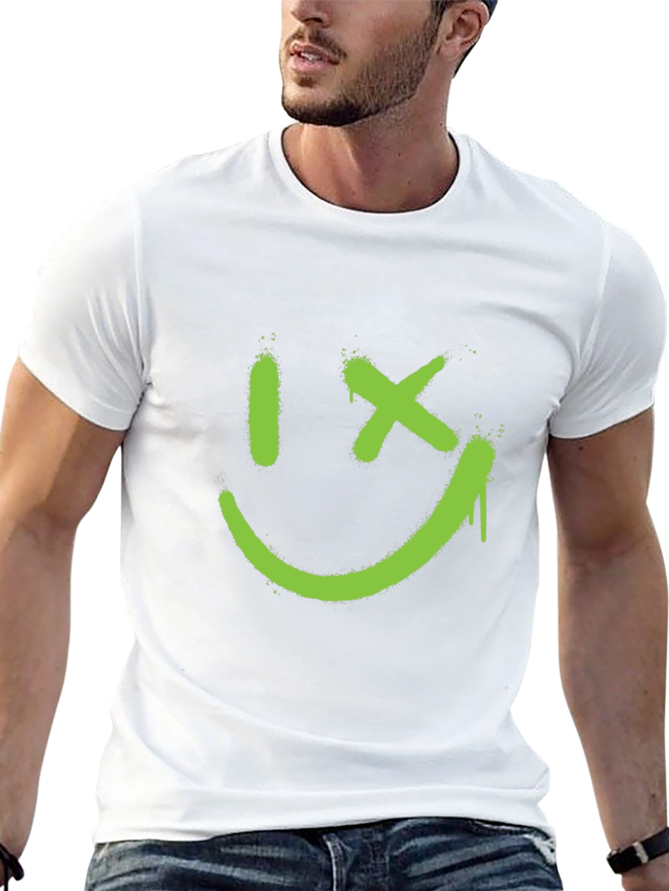 Mens Black T-Shirt with Green Graphic Smiley Face