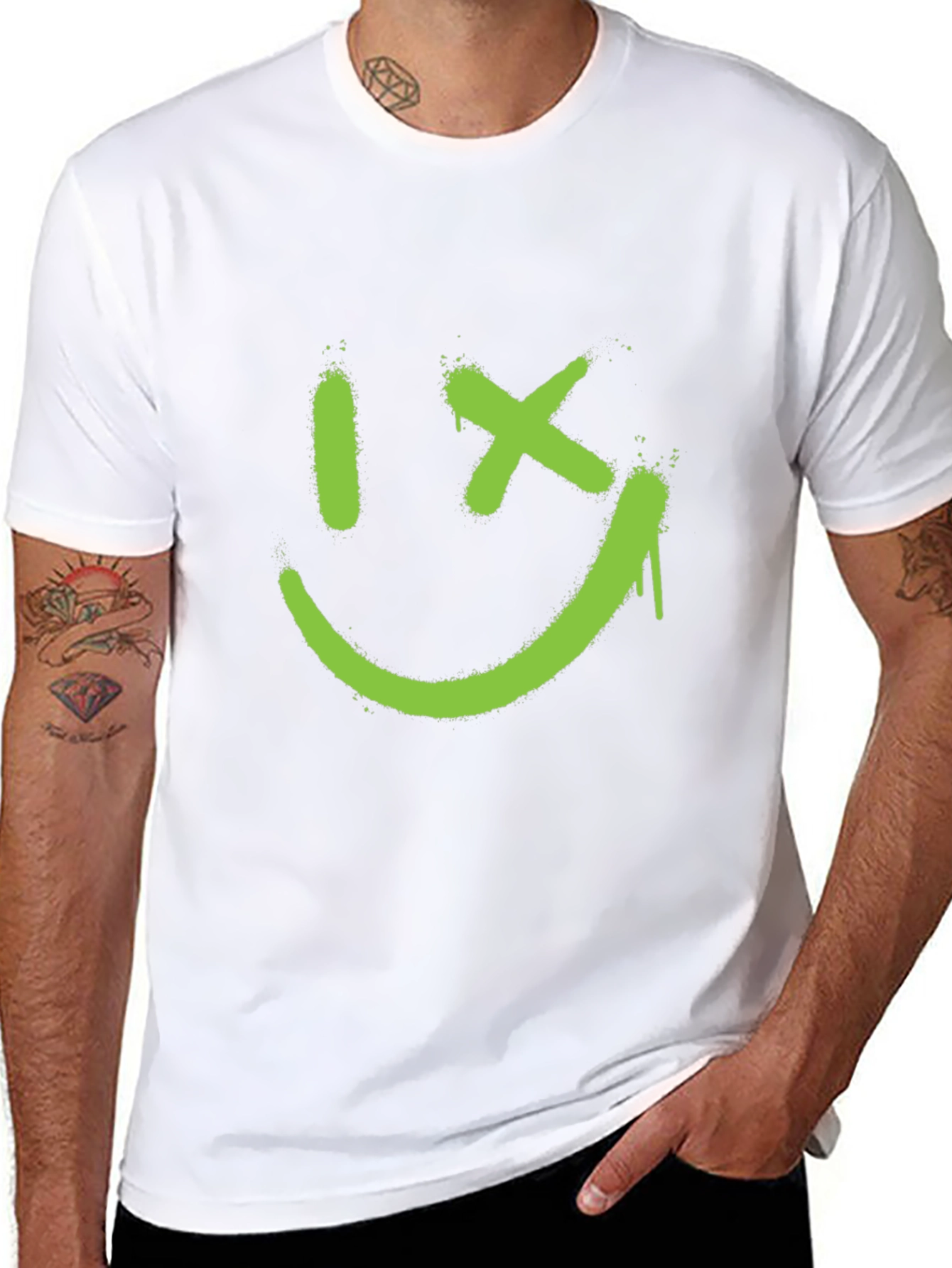 Mens Black T-Shirt with Green Graphic Smiley Face