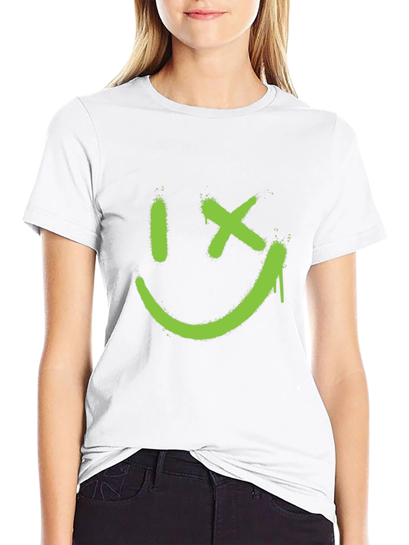 Mens Black T-Shirt with Green Graphic Smiley Face