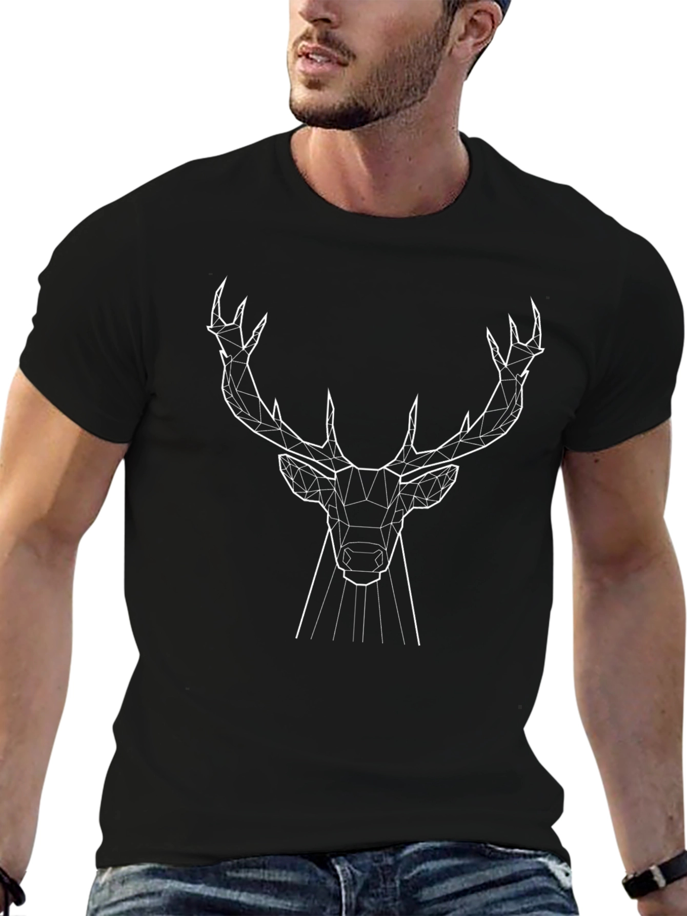 Geometric Deer Head Graphic Black T-Shirt