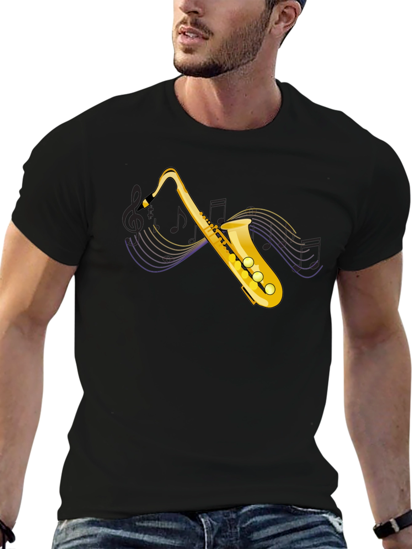 Saxophone Graphic Tee - Black Cotton T-Shirt