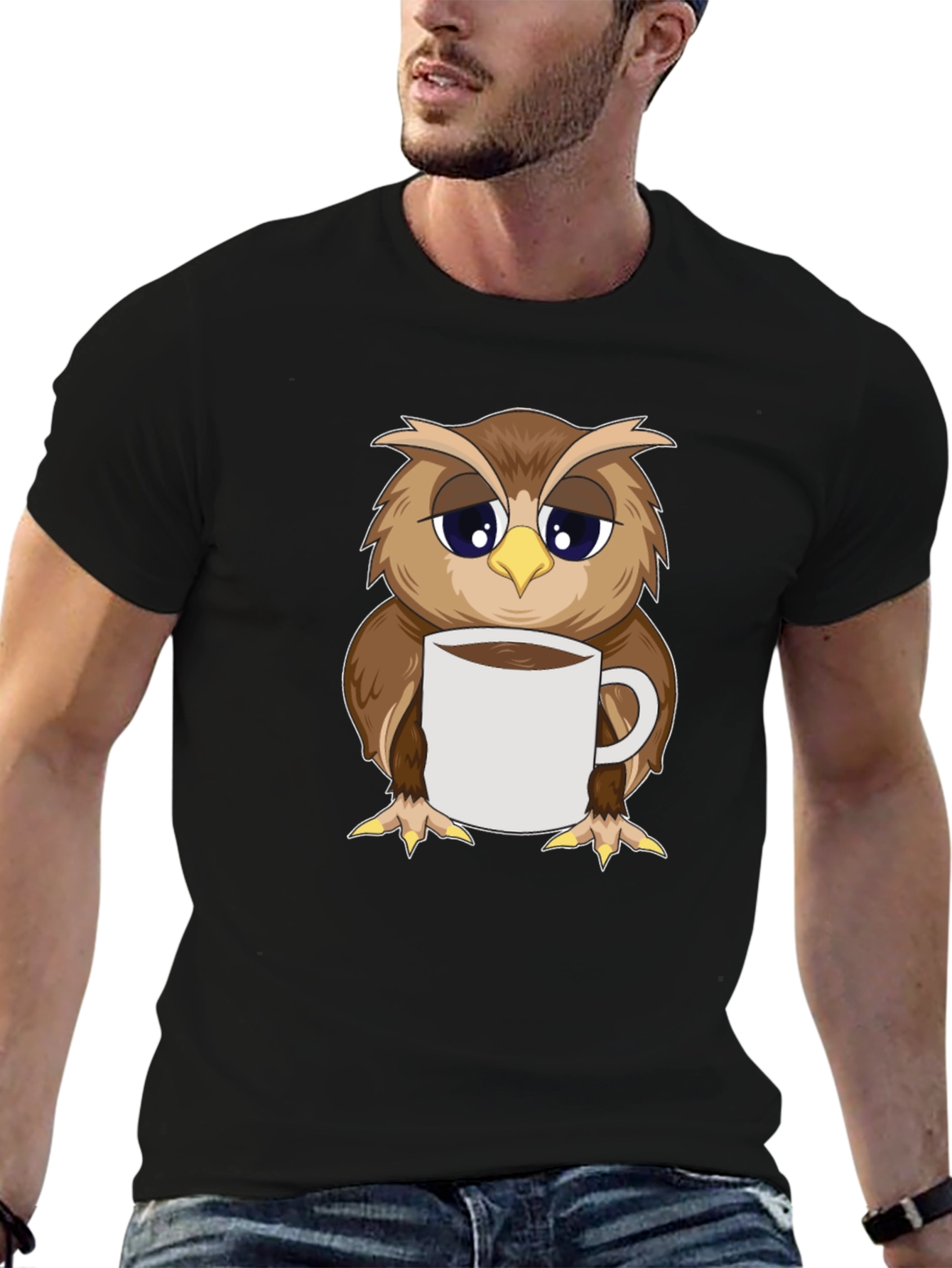 Owl Coffee T-Shirt: Sleepy Bird Design