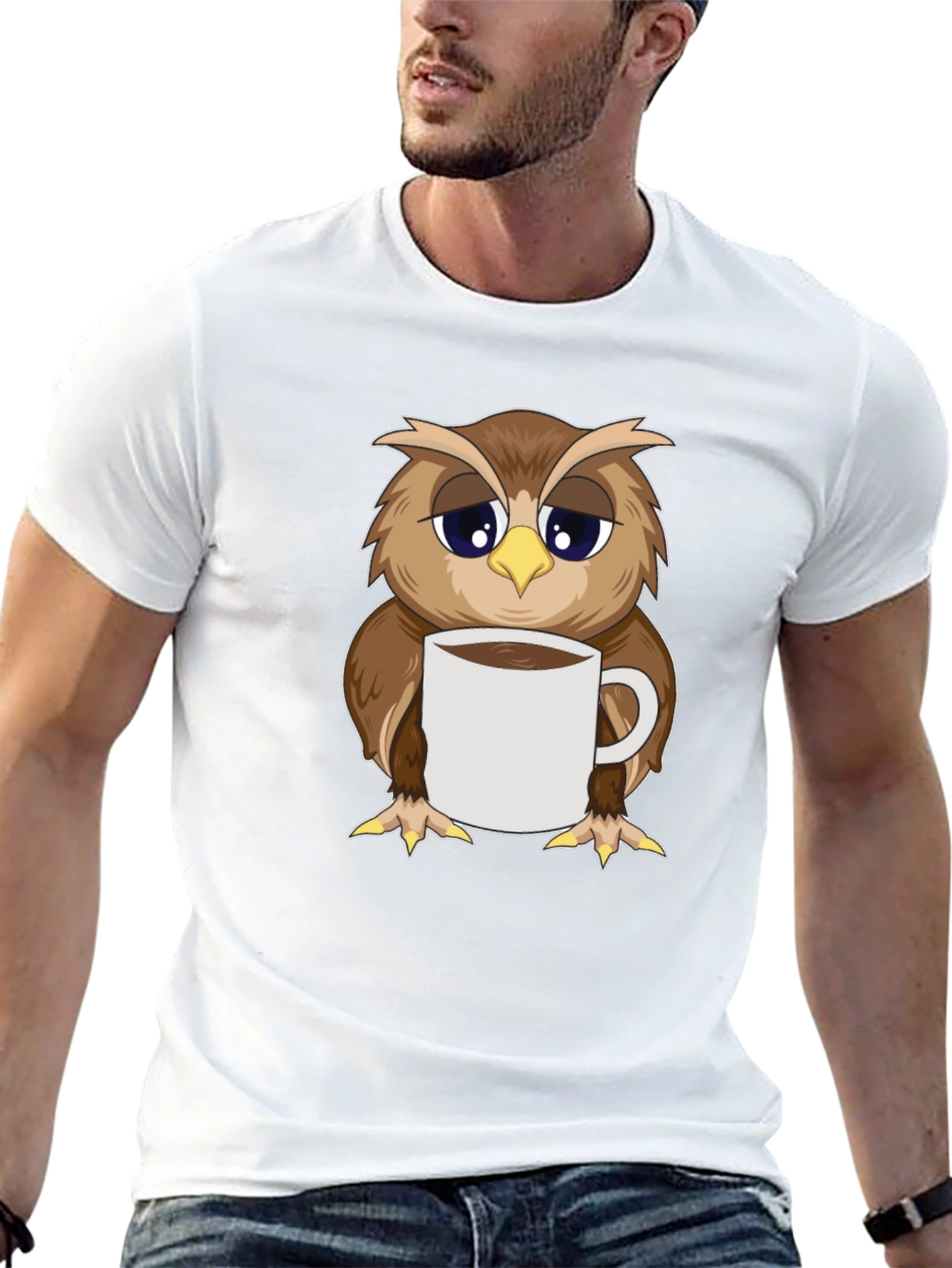 Owl Coffee T-Shirt: Sleepy Bird Design