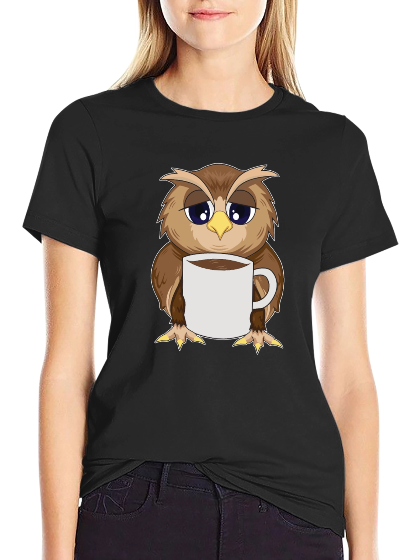 Owl Coffee T-Shirt: Sleepy Bird Design