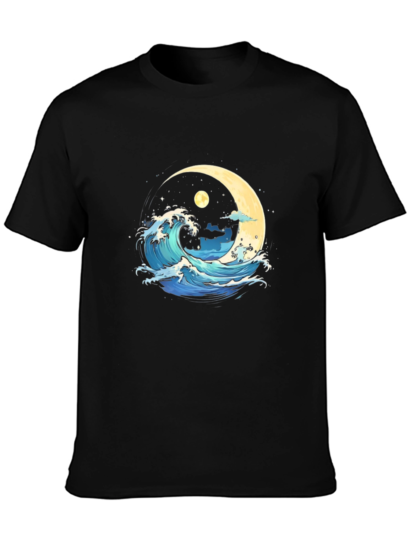 Ocean Wave Moon Graphic Black T-Shirt
