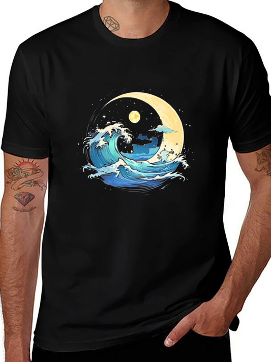 Ocean Wave Moon Graphic Black T-Shirt