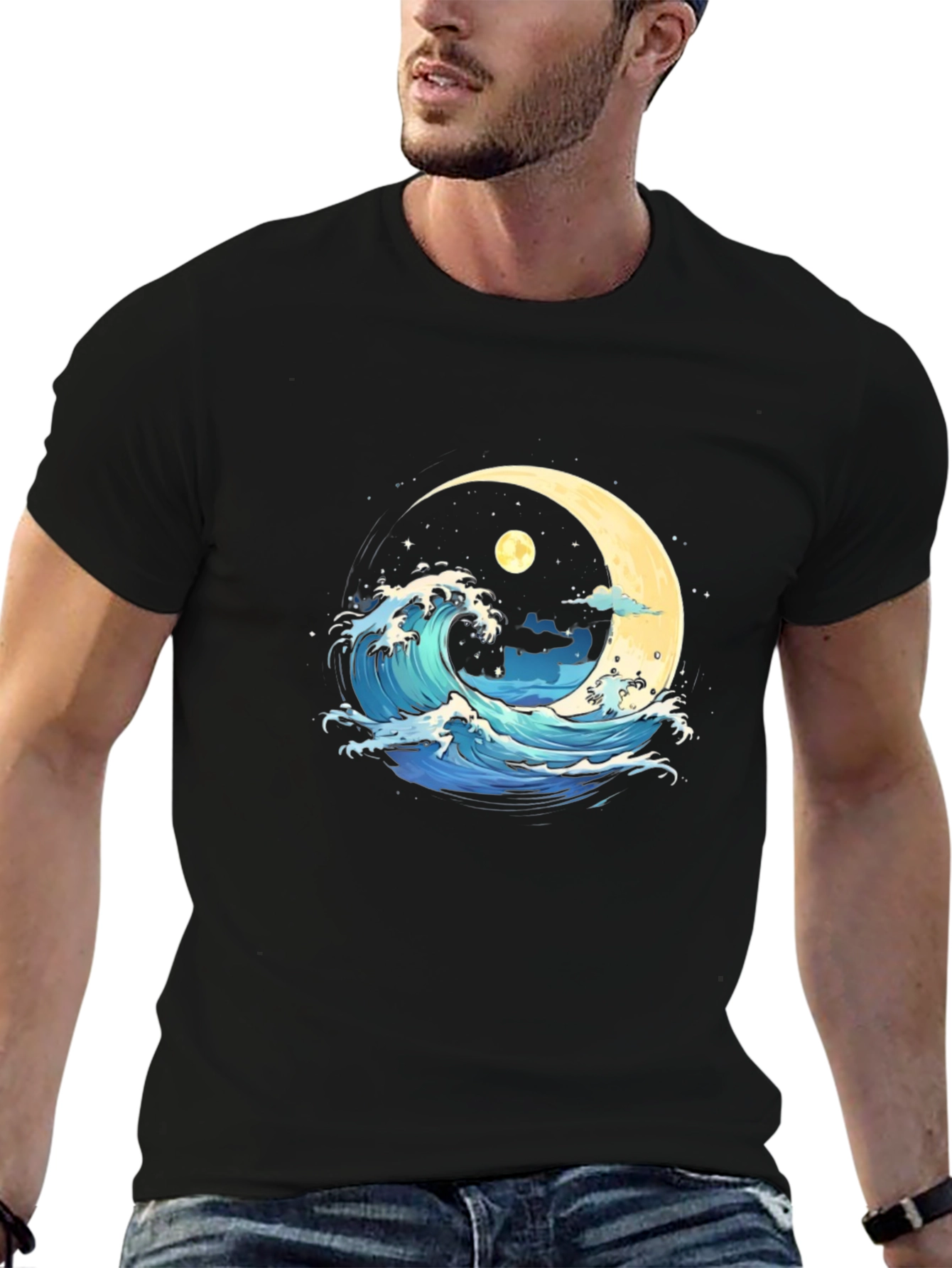 Ocean Wave Moon Graphic Black T-Shirt