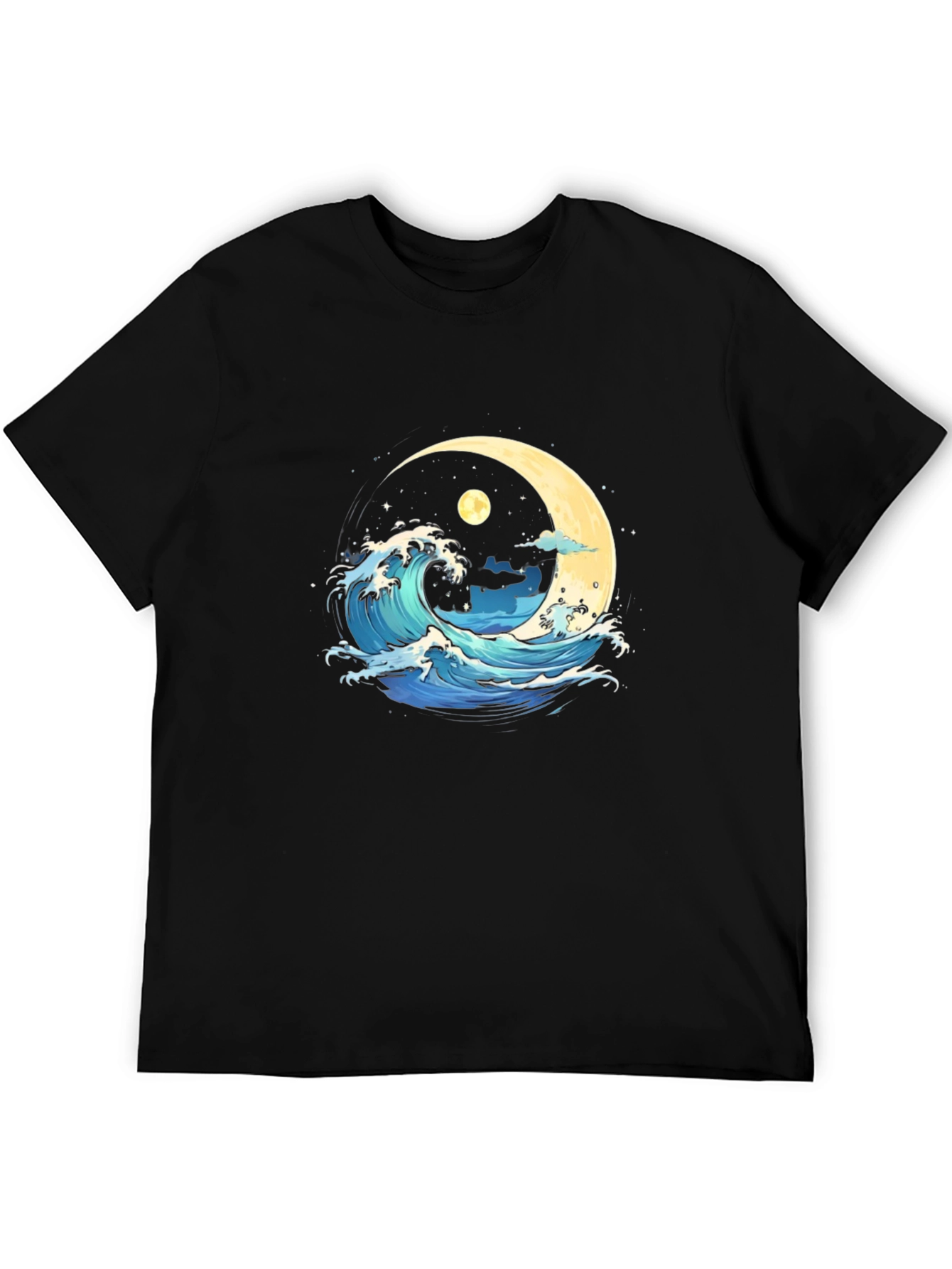 Ocean Wave Moon Graphic Black T-Shirt