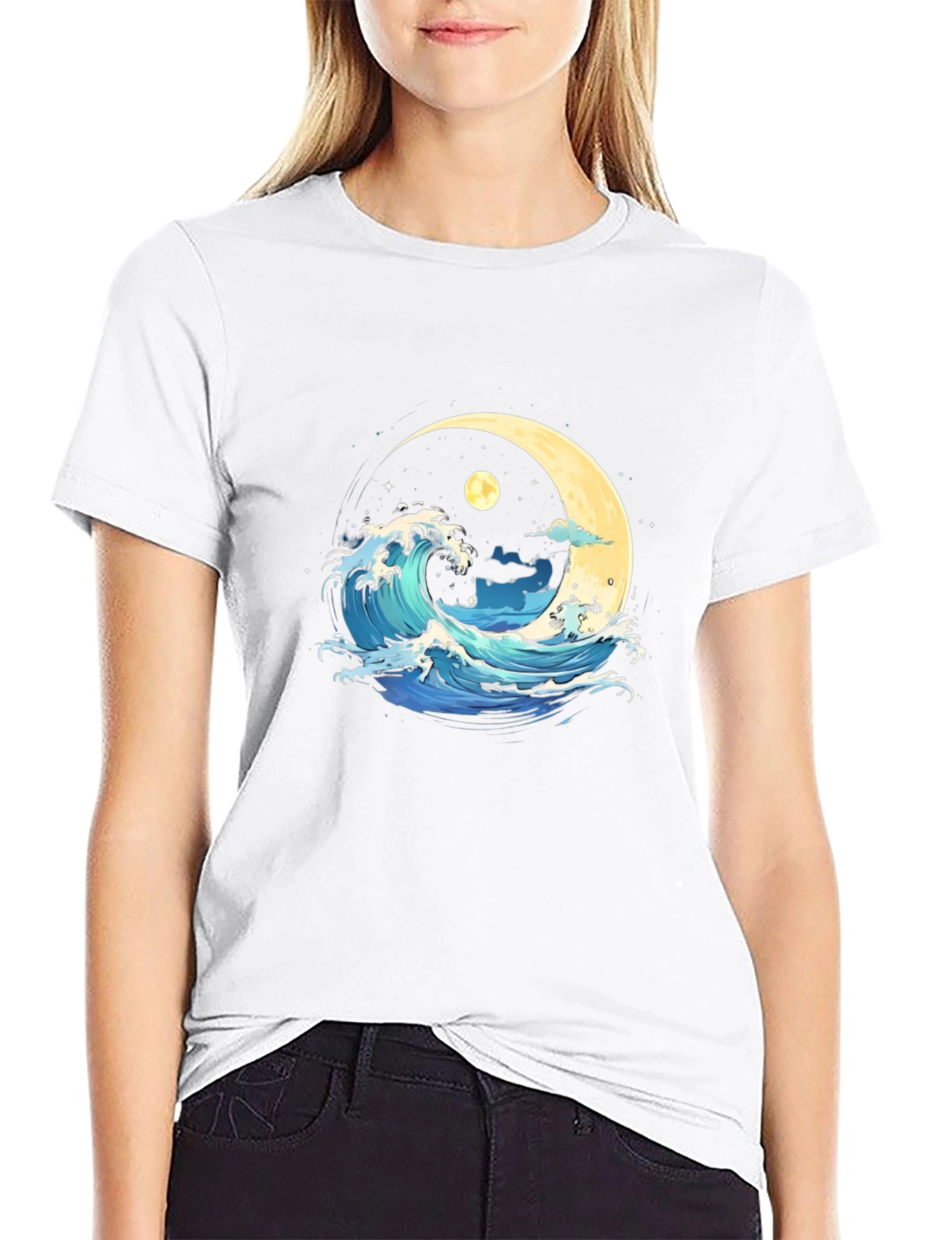 Ocean Wave Moon Graphic Black T-Shirt