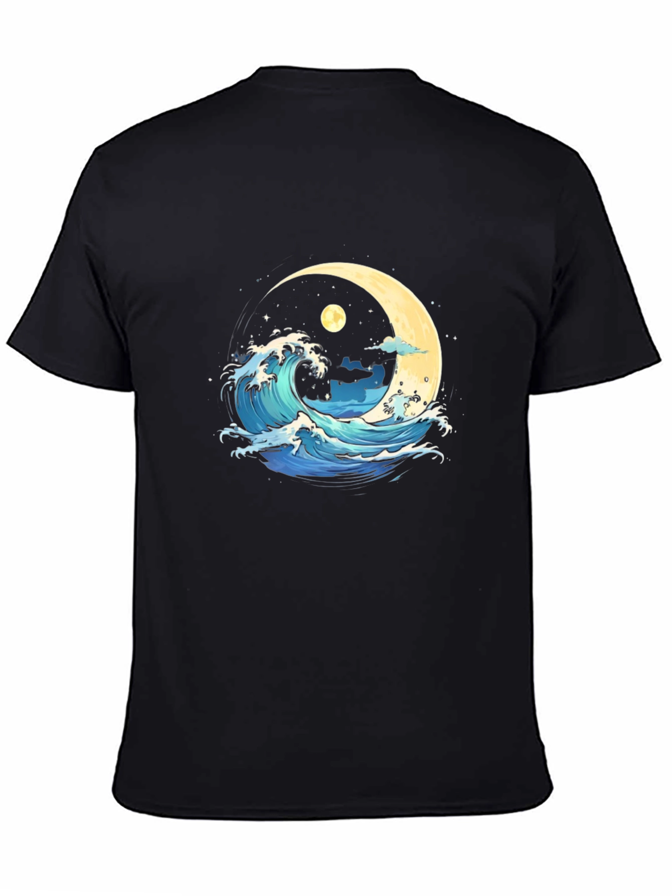 Ocean Wave Moon Graphic Black T-Shirt