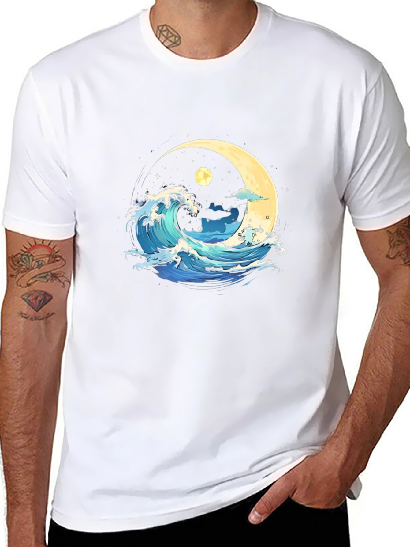 Ocean Wave Moon Graphic Black T-Shirt