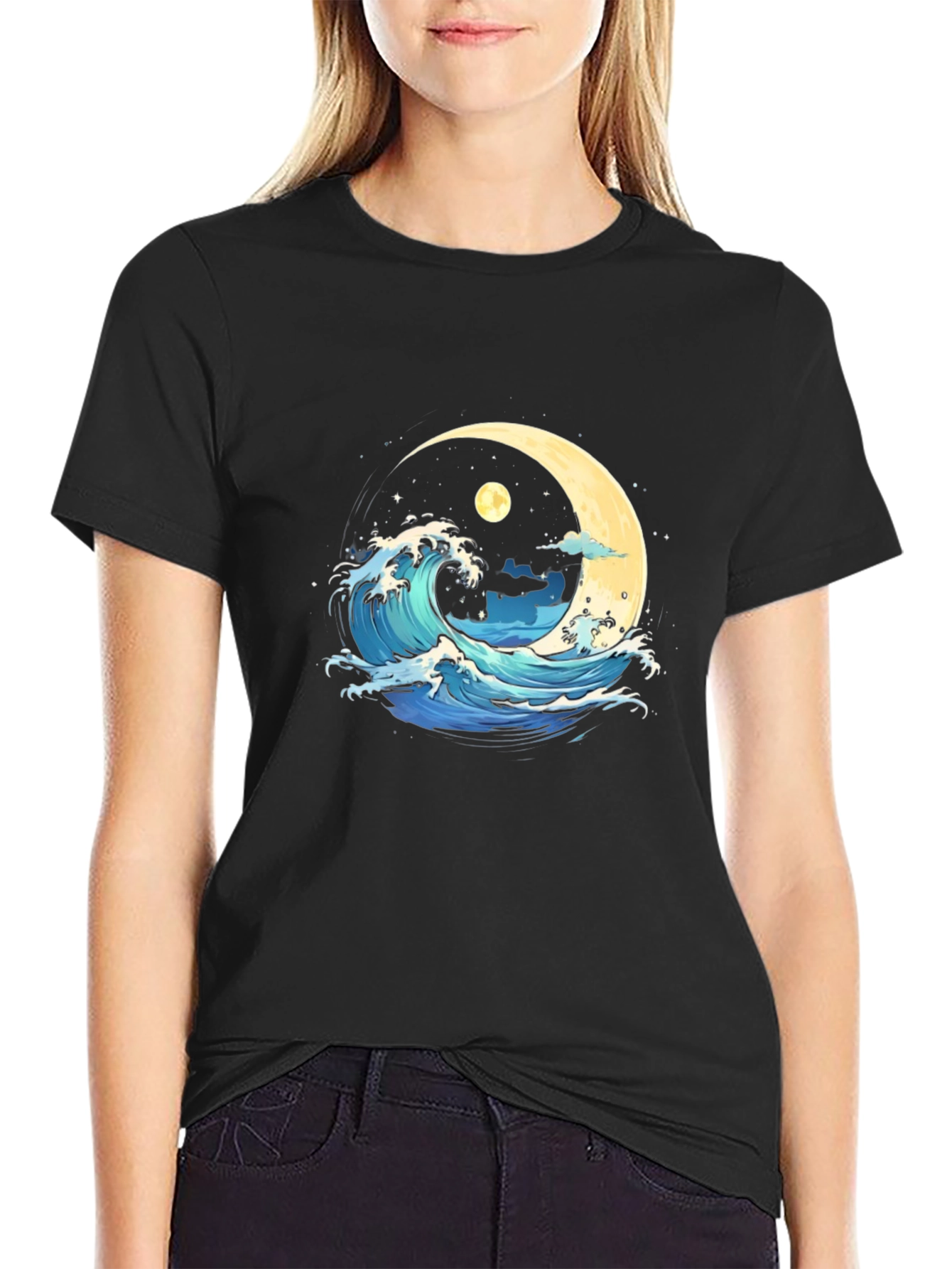 Ocean Wave Moon Graphic Black T-Shirt