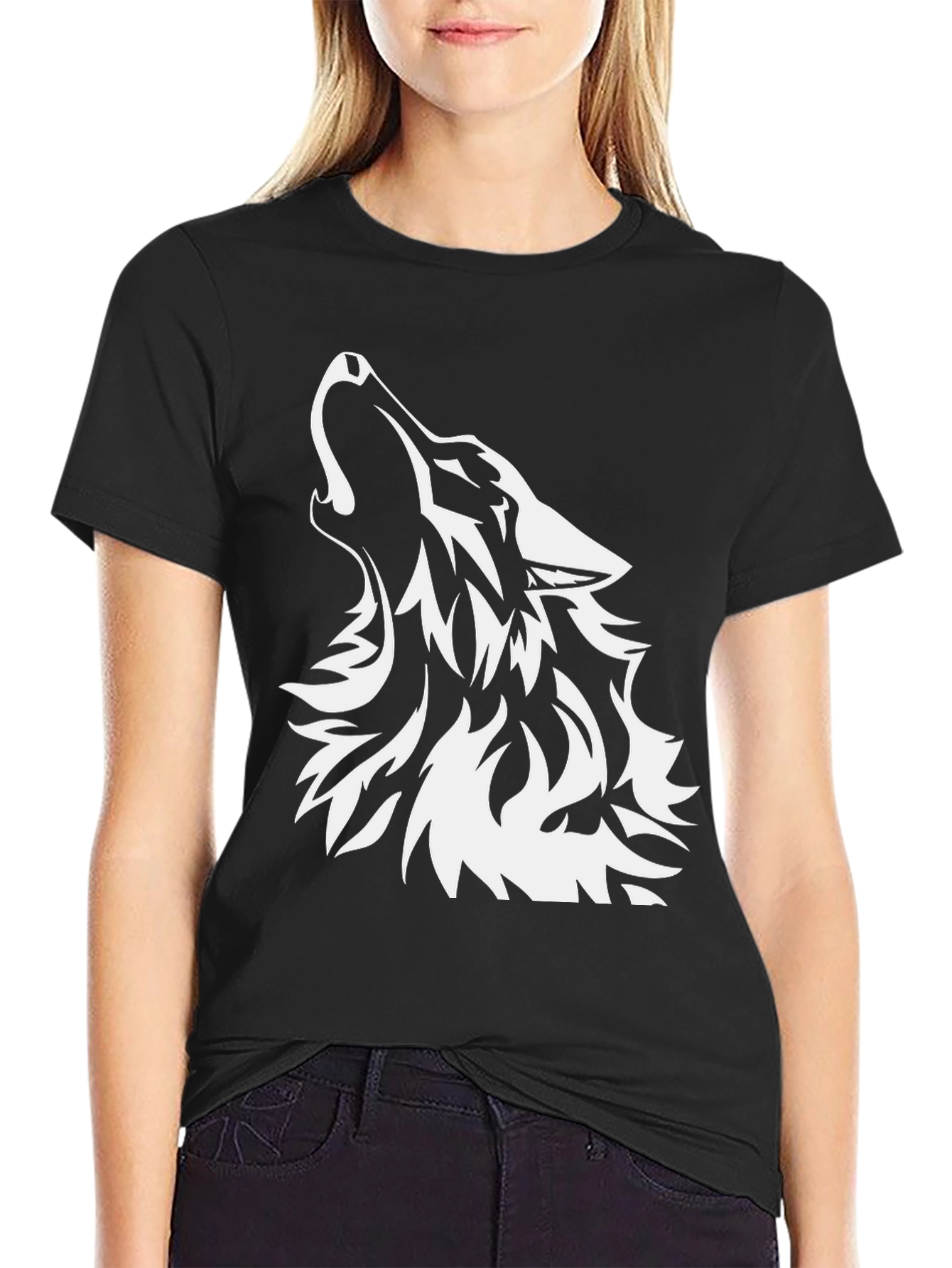 Black T-Shirt with Wolf Graphic