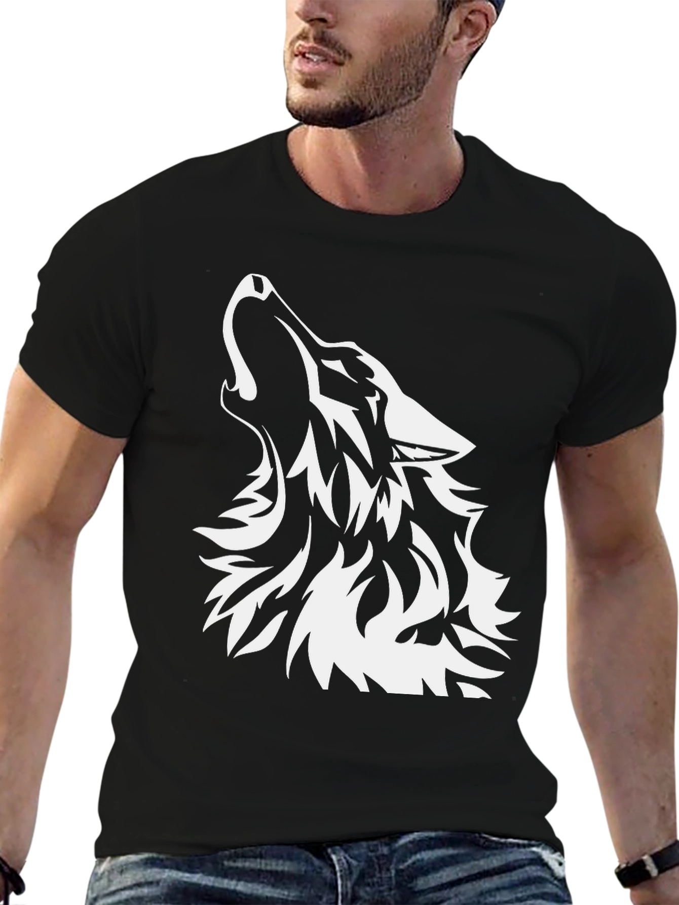 Black T-Shirt with Wolf Graphic