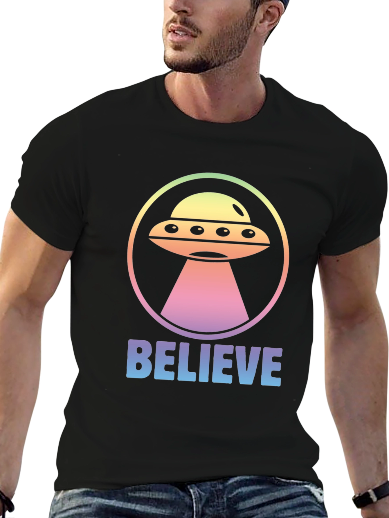 Believe Alien UFO Graphic T-Shirt - Black