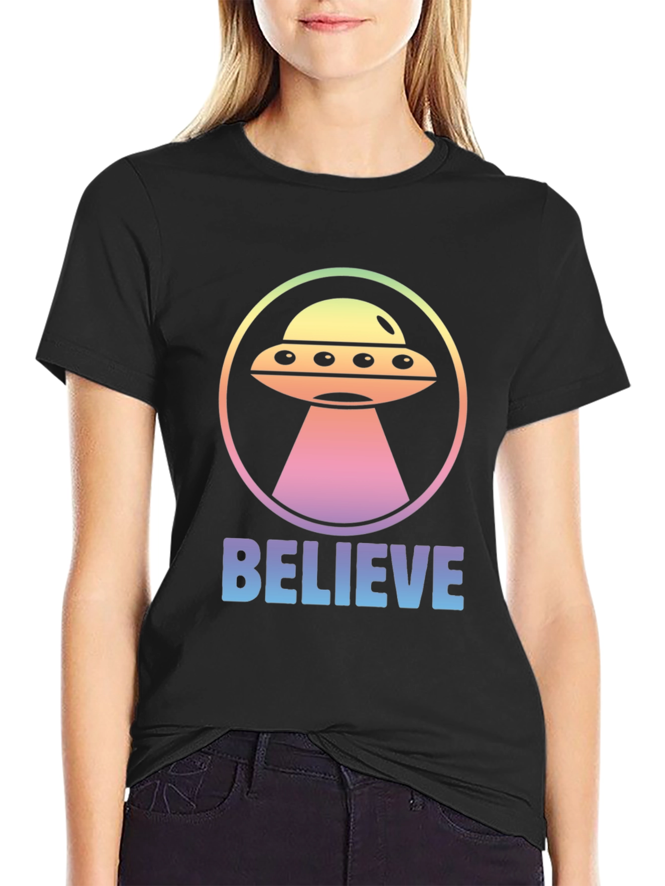 Believe Alien UFO Graphic T-Shirt - Black