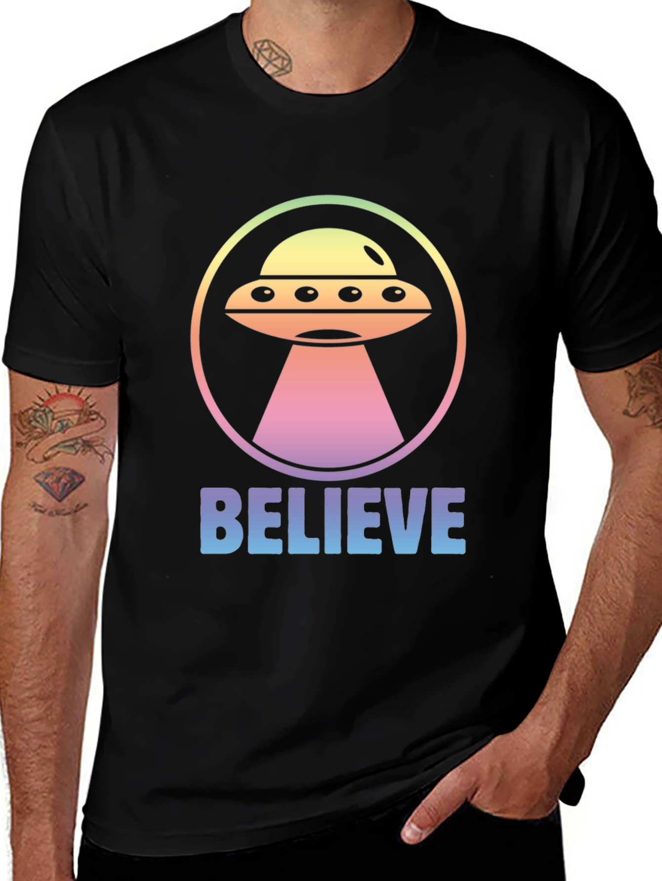 Believe Alien UFO Graphic T-Shirt - Black
