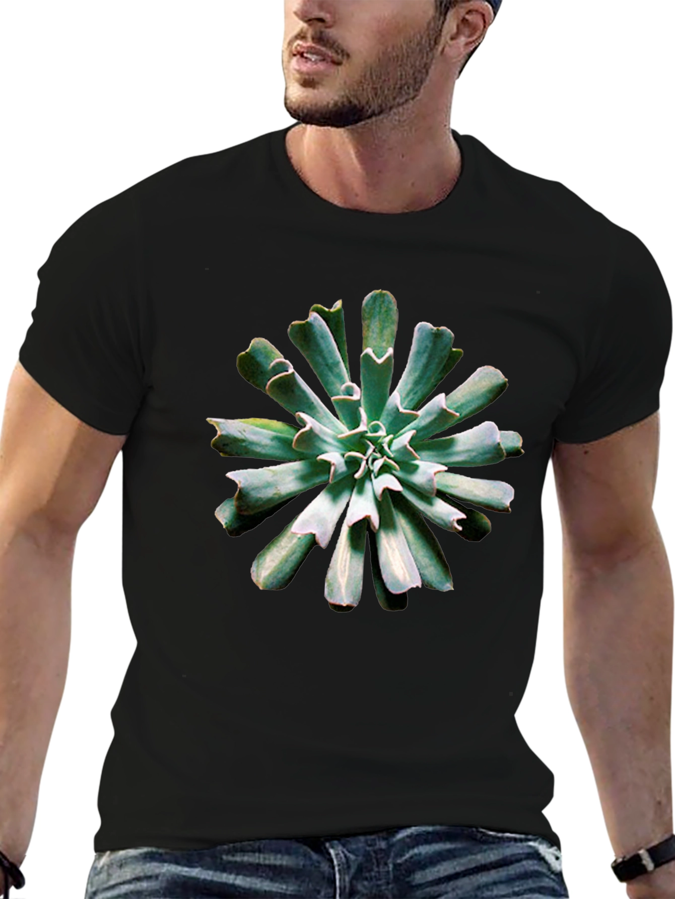 Succulent Print Black T-Shirt