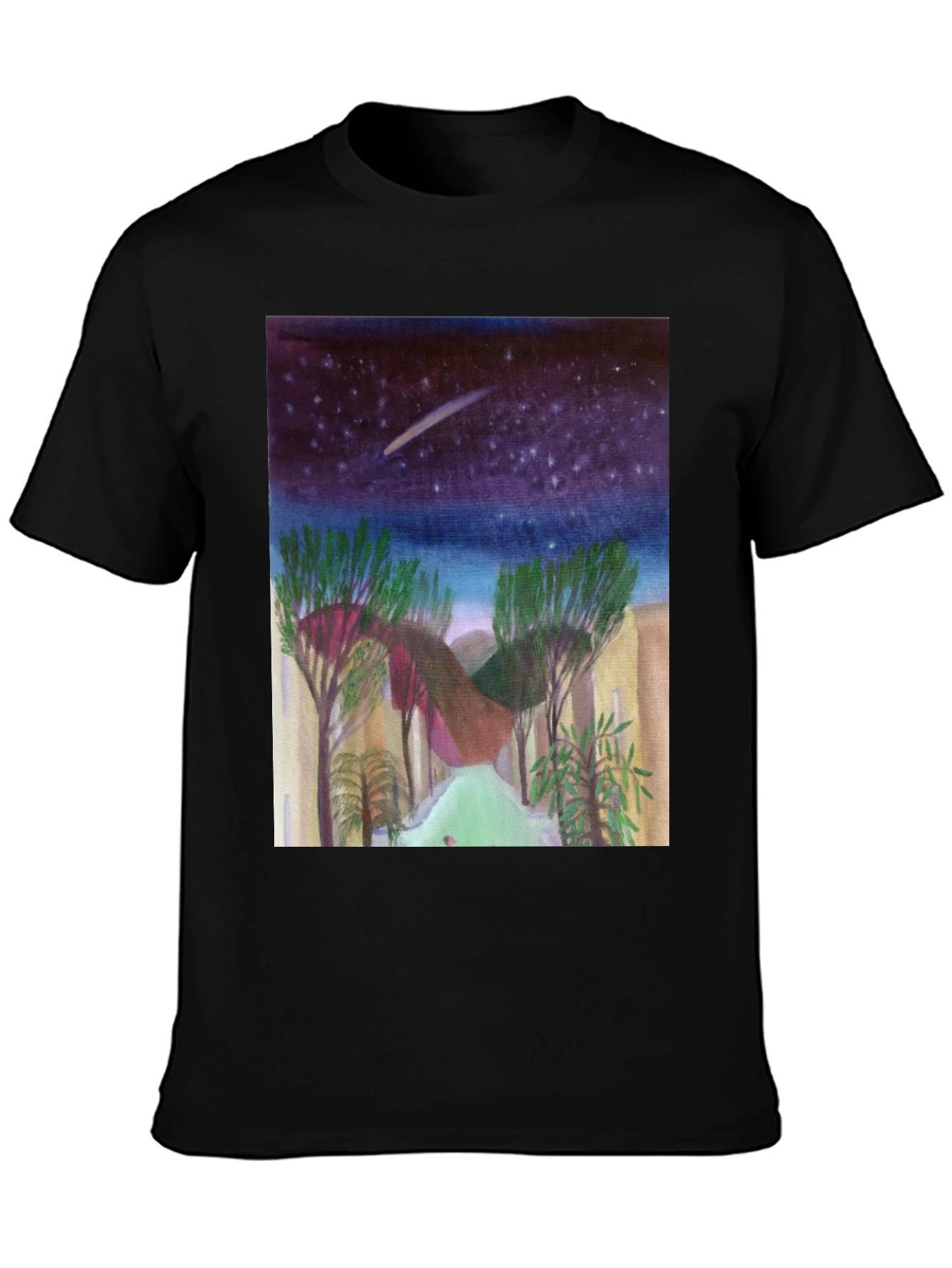 Starry Night Landscape Print Black T-Shirt