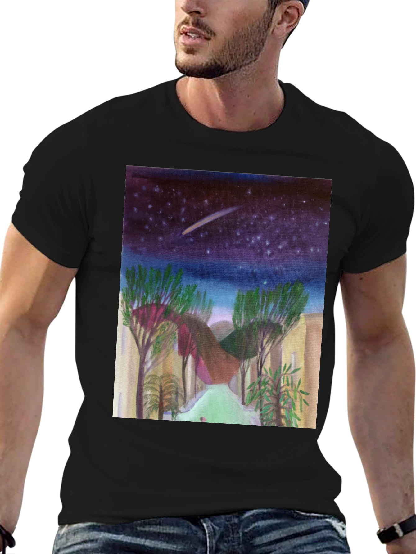 Starry Night Landscape Print Black T-Shirt