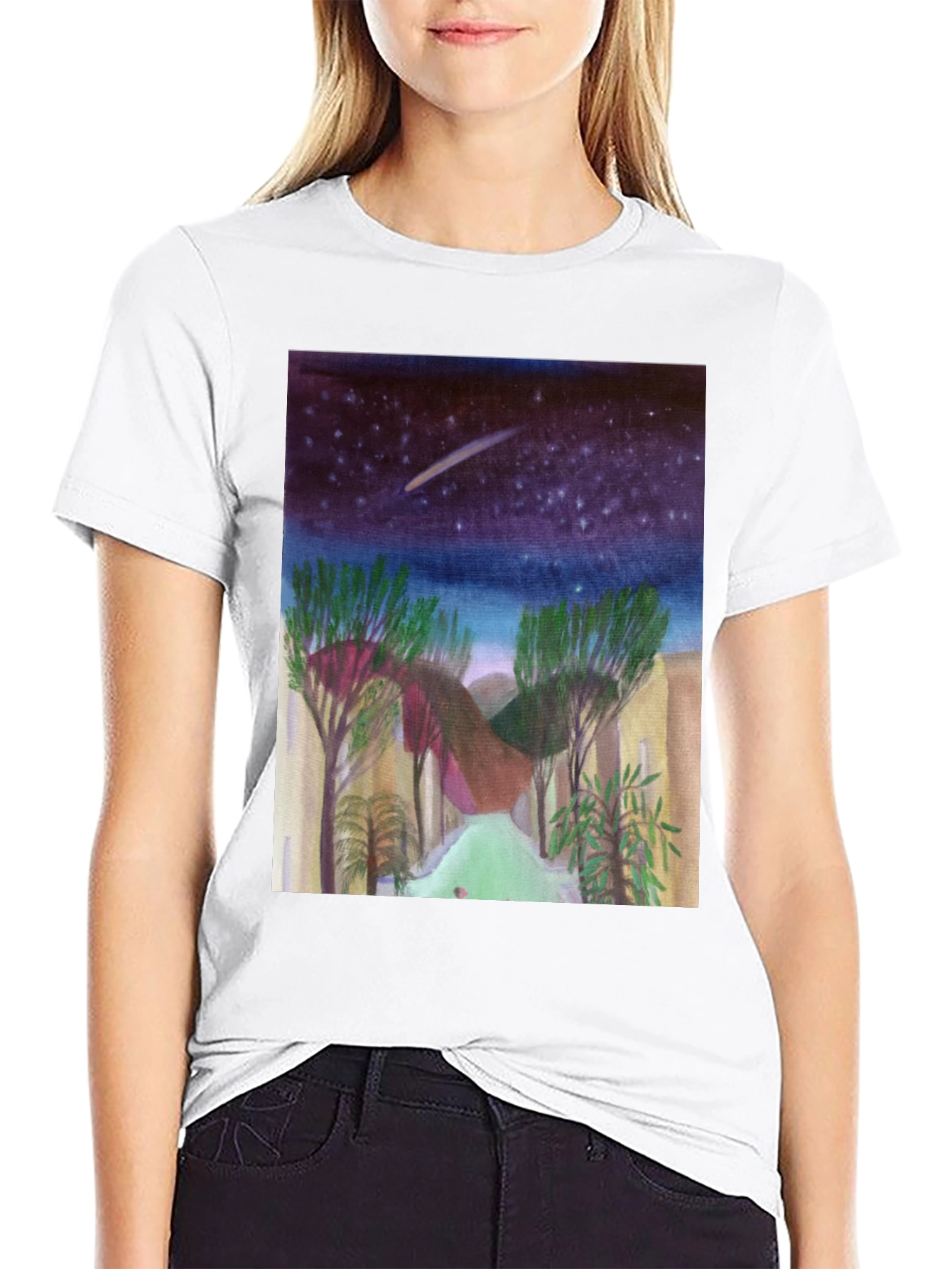 Starry Night Landscape Print Black T-Shirt