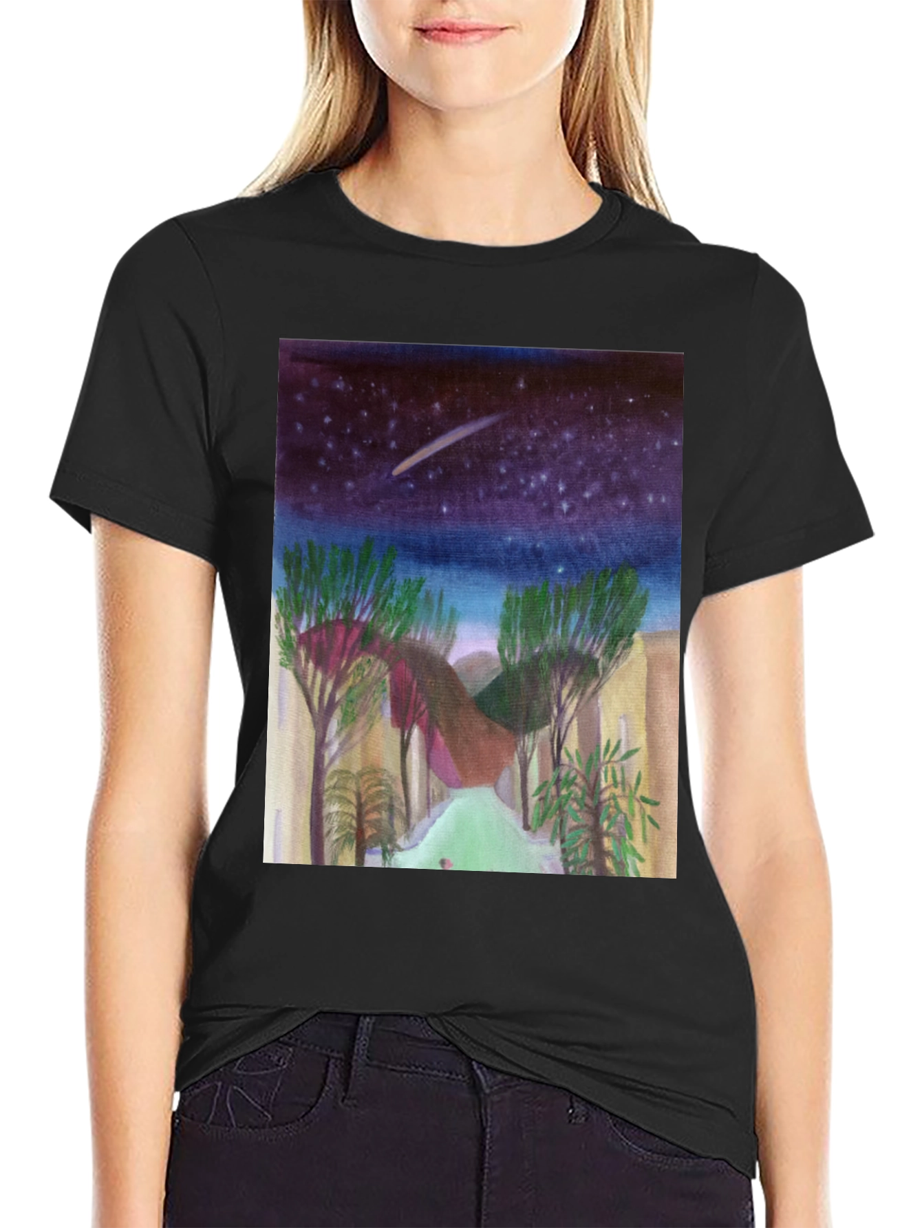 Starry Night Landscape Print Black T-Shirt