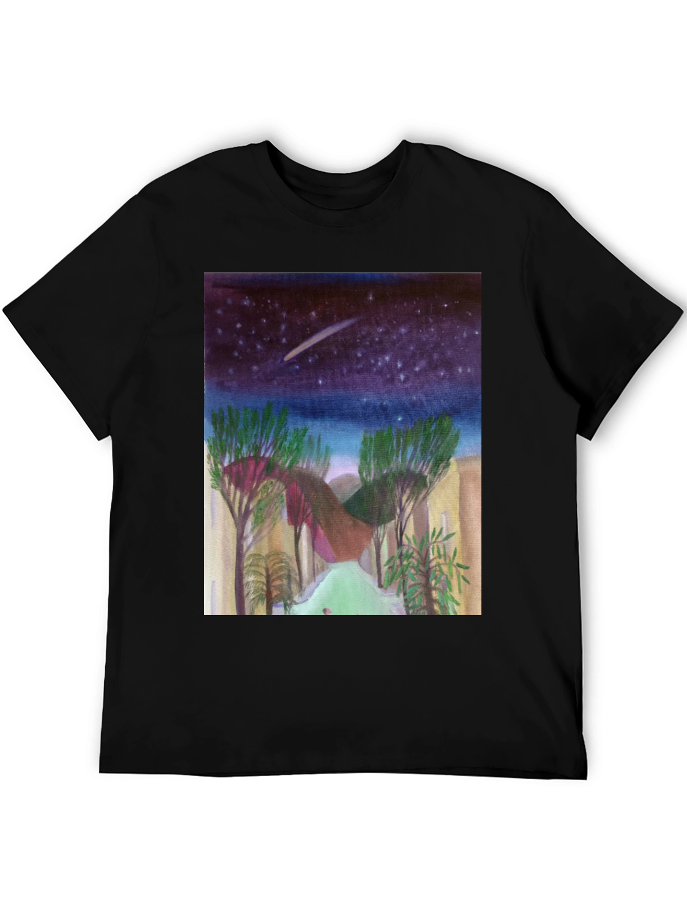 Starry Night Landscape Print Black T-Shirt